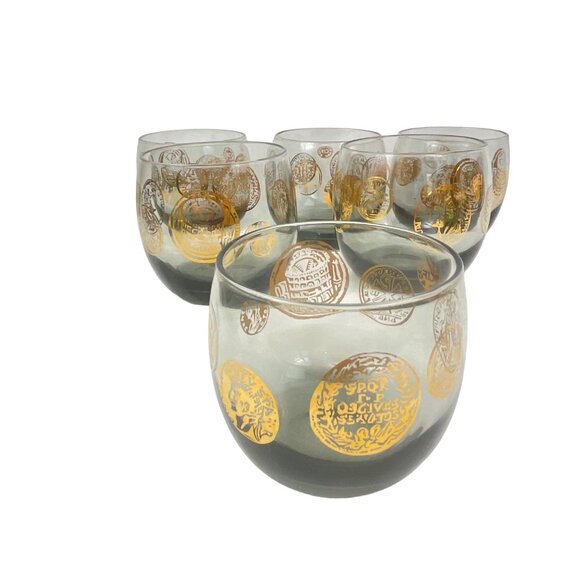 Vintage Mid-Century Lowball Glasses Set of 6 Coin Design 22K Gold Accents Smoky - Picture 2 of 10